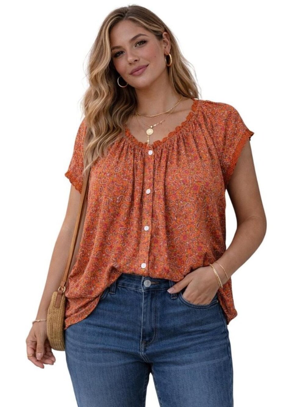 Lucky Brand Sz L Blouse Button Up Cap Sleeve Rusty Orange Paisley Lace Decorated
